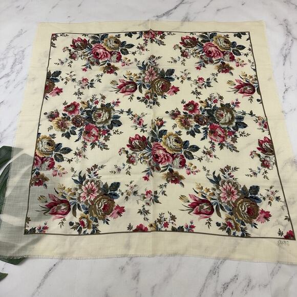 Club 7 Echo Vintage 90s Wool Scarf Cream Pink Floral Square Cottage - Picture 2 of 5